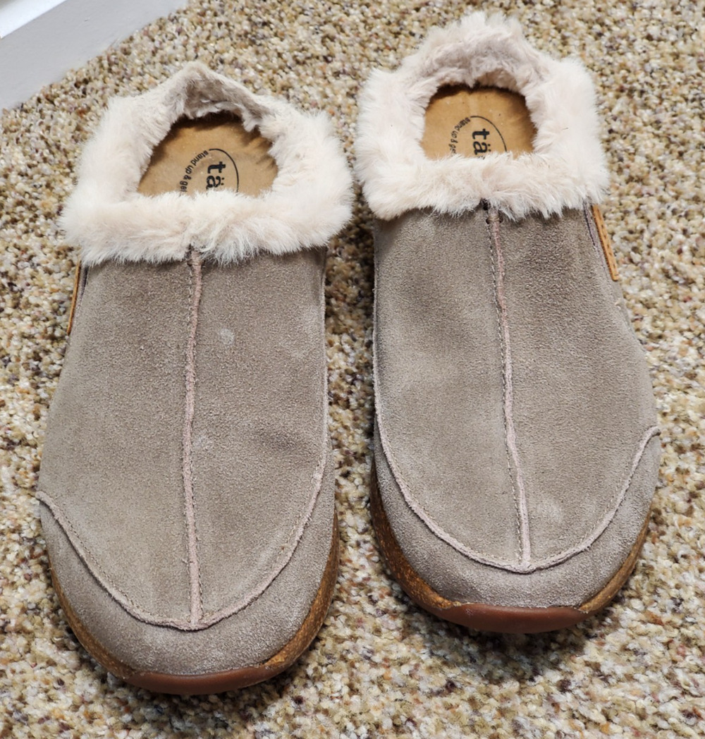 Taos Womens Size 9 Faux Fur Suede Mule Slippers Taupe Comfort Cork Footbed Clogs